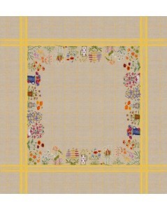 Tablecloth with flower pots motive and yellow stripes. Counted cross stitch embroidery. Le Bonheur des Dames