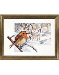 Robin on the branch and the winter forest landscape. Counted stitch embroidery kit by Permin of Copenhagen. 706111