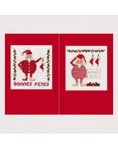 2 cartes de vœux Père Noël à broder sur toile Aida 8 pts/cm avec les cartes passepartout. Le Bonheur des Dames 7521
