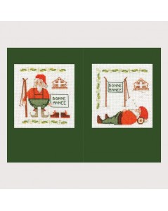 Deux cartes de vœux  avec Père Noël et ski à broder au point de croix