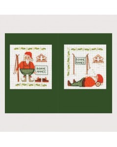 Deux cartes de vœux  avec Père Noël et ski à broder au point de croix. Le Bonheur des Dames 7522
