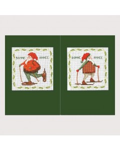Deux cartes à broder au point de croix avec Père Noël avec les skis et avec les raquettes. Kit 7524. Le Bonheur des Dames
