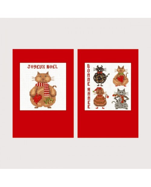 Cats Merry Christmas. Two greeting cards to cross stitch with passe-partout and envelops. Item n° 7527