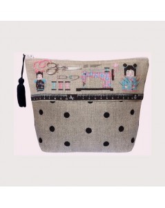 Pochette Couture Kokeshi. Counted stitch embroidery kit on even-weave linen with accessories. Le Bonheur des Dames 9043