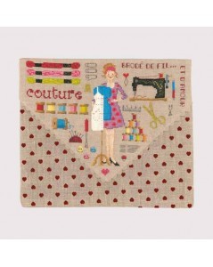 Embroidery kit Pochette Couture. Pochette to cross stitch with red heart print