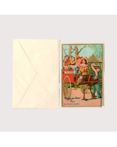 Old style fool the eye greeting card with a set of needles. Children in a carriage. AIG10
