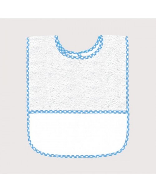 White terry bib with blue gingham edge and Aida band to embroider. BAV15