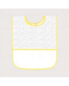 Bavoir en éponge blanc avec bord vichy jaune, avec bande à broder en Aida 5,5 pts/cm. BAV16