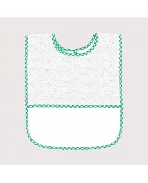 White terry bib with green gingham edge and Aida band to embroider. BAV17