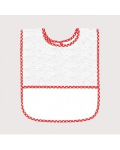 White terry bib with red gingham edge and Aida band to embroider. BAV18