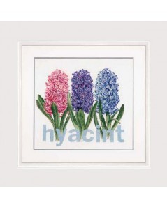 Three hyacinths: pink, purple and mauve. Counted cross stitch embroidery on even-weave linen by Thea Gouverneur. Reference G0434