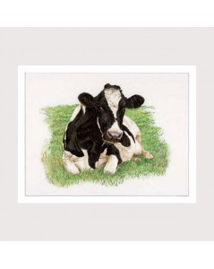 Tableau brodé. Vache noire et blanche allongée dans l'herbe de face. Thea Gouverneur G0451