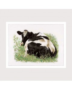 Tableau brodé. Vache noire et blanche allongée dans l'herbe. Thea Gouverneur G0452