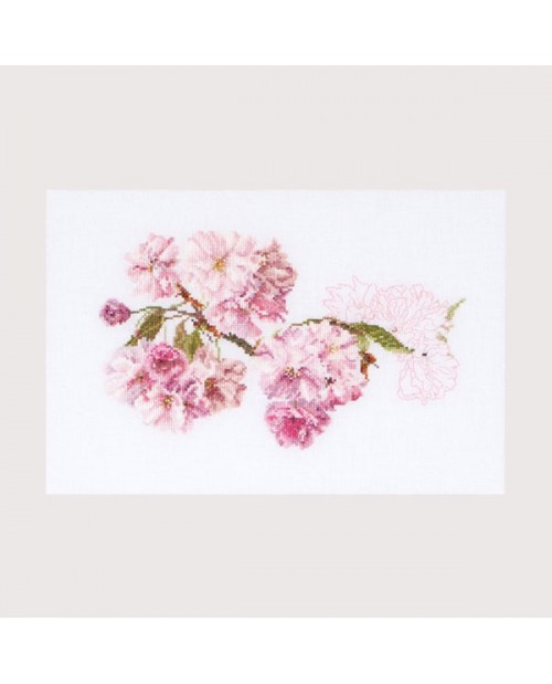 Prunus branch, pink flowers. Cross stitch embroidery, counted stitch. Thea Governor G0512