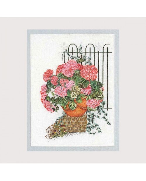 Hydrangea. Bouquet of pink hydrangeas in a pot. Cross stitch embroidery, counted stitch. Thea Governor G2036