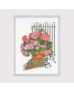 Hydrangea. Bouquet of pink hydrangeas in a pot. Cross stitch embroidery, counted stitch. Thea Governor G2036