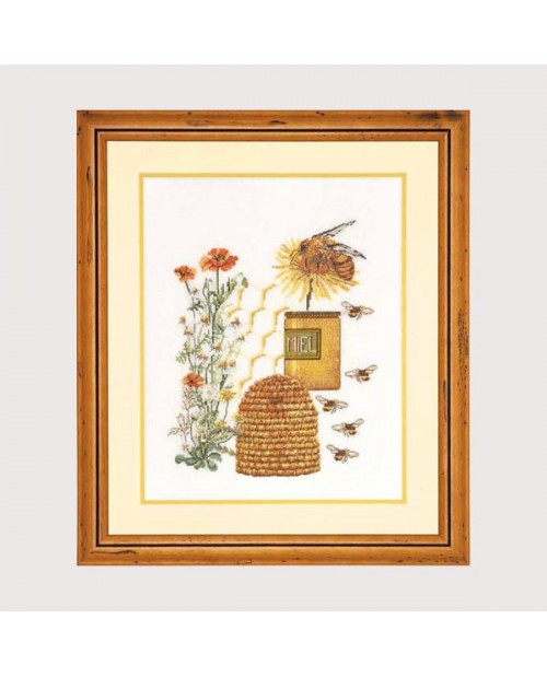 Honey and bee. Counted cross stitch kit on even-weave linen by Thea Gouverneur. G3016