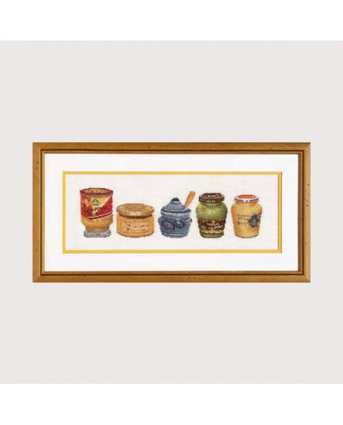 Jars of mustard embroidered by counted cross stitch on even-weave linen. Thea Gouverneur. G3046 Jars of mustard embroidered by counted cross stitch on even-weave linen. Thea Gouverneur. G3046