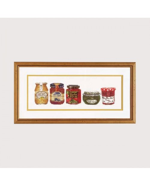 Jam jars. Counted cross stitch embroidery on even-weave linen. Thea Gouverneur. G3047