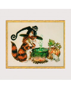 Le Charabosse. Kit broderie point de croix. Nimue. Motif: chat avec chapeau de magicien, chaudron, citrouille.