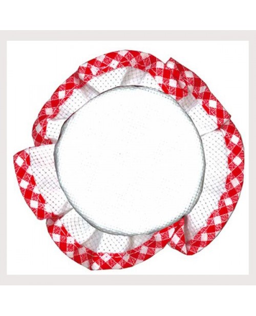 Jam lid cover to embroider by counted cross stitch, made of cotton Aïda with red gingham border.