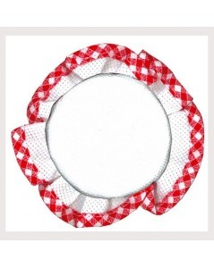 Jam lid cover to embroider by counted cross stitch, made of cotton Aïda with red gingham border.