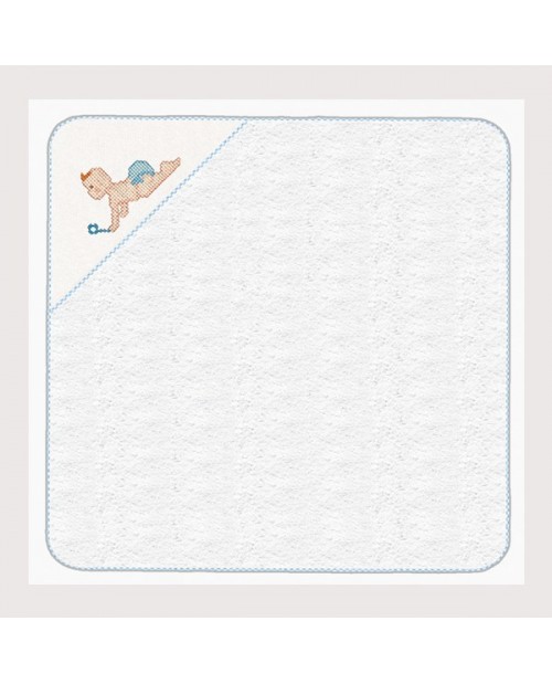 Sortie de bain bébé en éponge avec angle en Aida de coton 5.5 pts/cm, à broder, bord vichy bleu. SB12 Le Bonheur des Dames