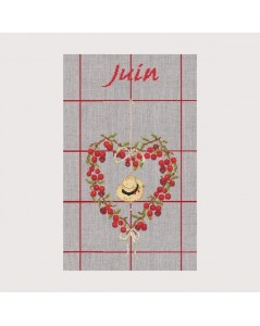 Linen tea towel June to stitch by cross stitch. Motive: heart of red cherries and a straw hat.