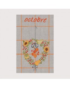 October tea-towel. TL10. Counted cross stitch embroidery on even-weave linen. Autumn flowers. Le Bonheur des Dames