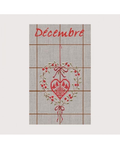 Tea-towel December TL12. Cross stitch. Heart of Christmas berries and chalet. Le Bonheur des Dames