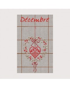 Tea-towel December TL12. Cross stitch. Heart of Christmas berries and chalet. Le Bonheur des Dames