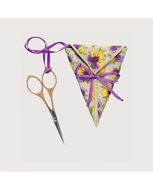 Scissor keep Pansies. Embroidery kit on even-weave linen. Le Bonheur des Dames 3366
