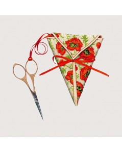 Triangular scissor keep. Motif: Poppies. Counted cross stitch embroidery kit. Le Bonheur des Dames 3370