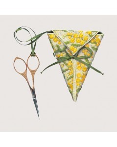Triangular scissor keep. Motif: Mimosas. Counted cross stitch embroidery kit. Le Bonheur des Dames 3371