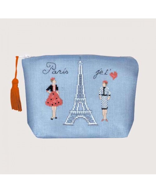 Trousse bleue Tour Eiffel Paris je t'aime. Kit broderie point de croix. Le Bonheur des Dames 9024