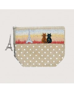 Pochette Parisian Cats. Counted stitch embroidery kit on even-weave linen with accessories. Le Bonheur des Dames 9048