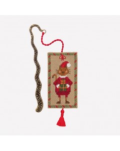 Bookmark to cross stitch with a cat dressed for Christmas