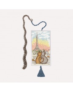 Kit broderie point de croix - marque page. Deux chats et la vue sur la Tour Eiffel. Le Bonheur des Dames 4615