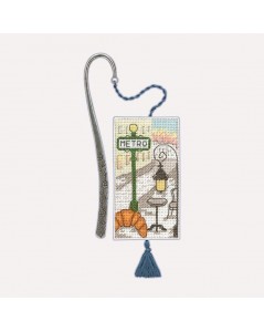 Embroidered bookmark. Cross stitch kit. Motif: Paris metro sign, table, chair, croissant, street. Le Bonheur des Dames 4616