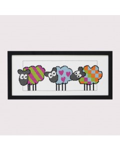 Sheep with stripes, hearts, squares. Counted cross stitch embroidery kit. Permin of Copenhagen.