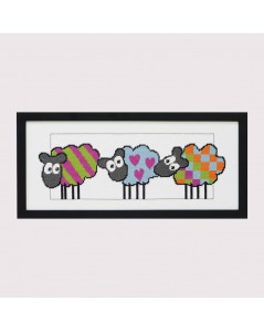 Sheep with stripes, hearts, squares. Counted cross stitch embroidery kit. Permin of Copenhagen.