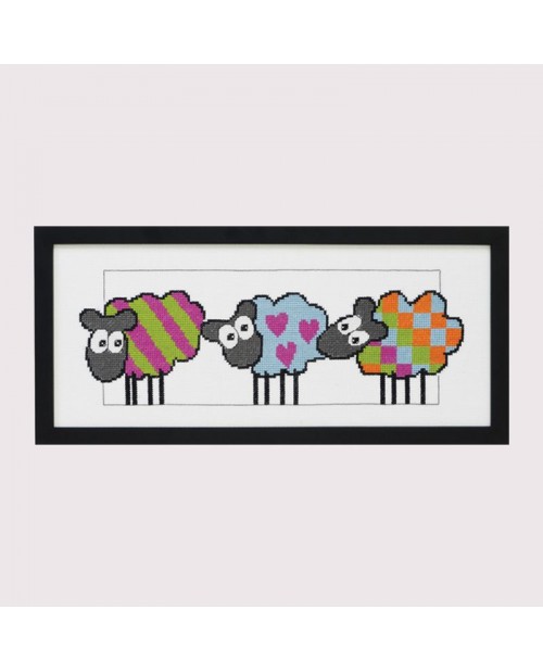Sheep with stripes, hearts, squares. Counted cross stitch embroidery kit. Permin of Copenhagen.