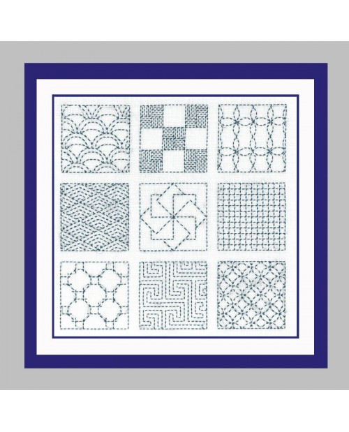 Sashiko style embroidery kit. Japanese motives stitched with blue thread on white linen. Le Bonheur des Dames 3801 Sashiko style embroidery kit. Japanese motives stitched with blue thread on white linen. Le Bonheur des Dames 3801