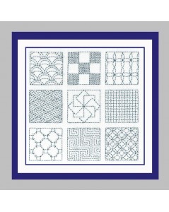 Sashiko style embroidery kit. Japanese motives stitched with blue thread on white linen. Le Bonheur des Dames 3801