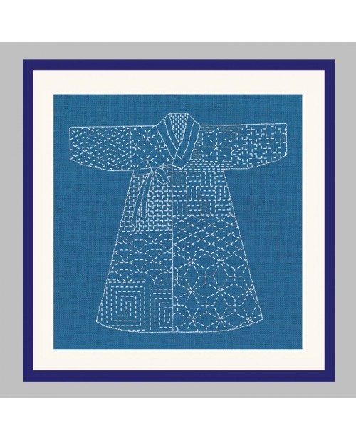 Japanese Kimono on blue background to stitch by Sashiko technique. Printed design. Le Bonheur des Dames