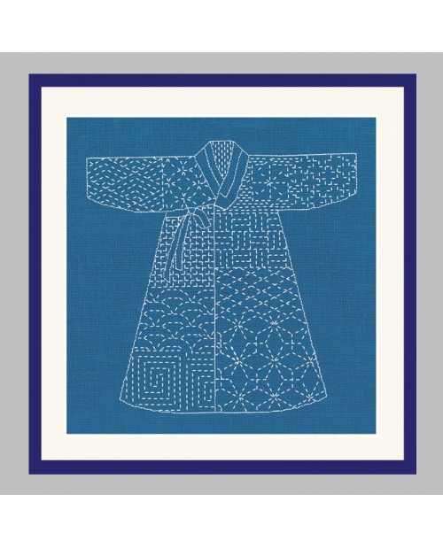 Kimono japonais sur fond bleu à broder de façon Sashiko. Kit imprimé. Le Bonheur des Dames 3804 Kimono japonais sur fond bleu à broder de façon Sashiko. Kit imprimé. Le Bonheur des Dames 3804