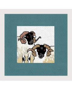 Black sheep heads. Greeting card embroidered by cross stitch. Textile Heritage 342310
