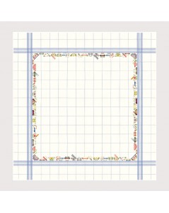 Counted cross stitch embroidery tablecloth. White linen with skyblue stripes. Item n° 6023blc-cie.