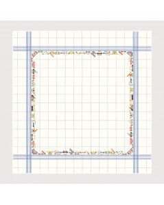 Counted cross stitch embroidery tablecloth. White linen with skyblue stripes. Item n° 6023blc-cie.