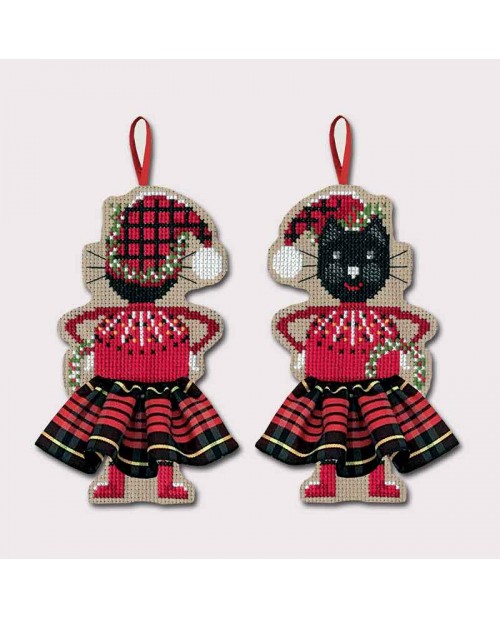 Cat in a Scottish tartan skirt, black and red. To cross stitch. Le Bonheur des Dames. 2639